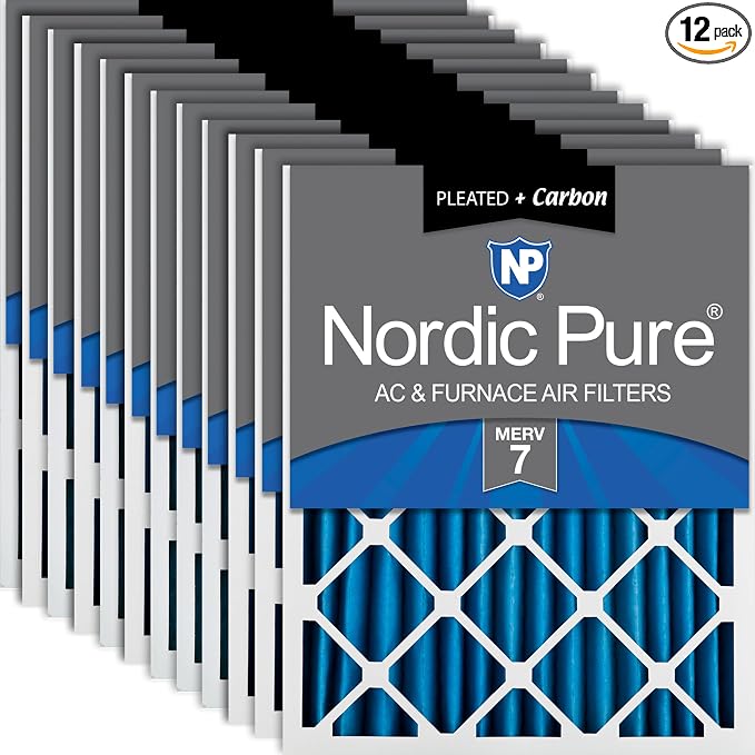 Nordic Pure 16x20x2 Pleated MERV 7 Plus Carbon Air Filters 12 Pack | Actual by NordicPure
