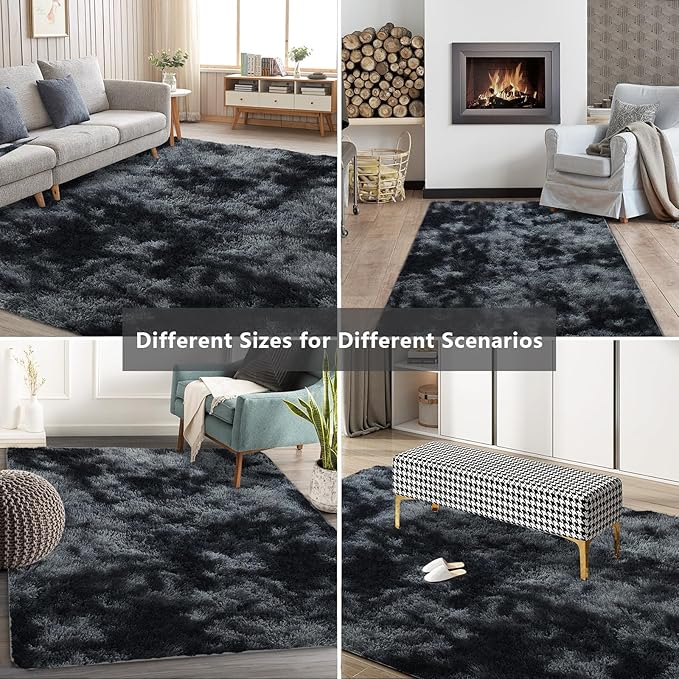 Shag Area Rugs for Bedroom Living Room,4X6 Ultra Soft Fluffy Area Rugs for Dorm, Indoor Carpet Nursery Rugs for Kids Room Home Decor, Black Grey
