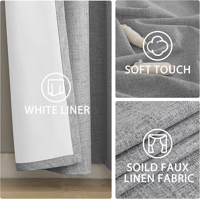 Yakamok Dove Grey Linen Curtains 100% Blackout 96 Inches Long,Room Darkening Textured Curtains for Living Room Thermal Grommet Bedroom Drapes 2 Panels with Greyish White Liner