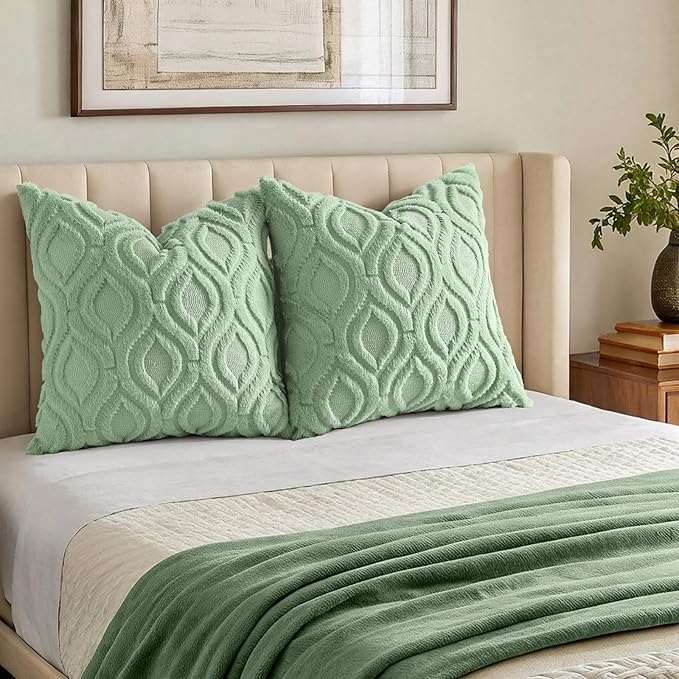decorUhome Throw Pillow Covers 26x26 Inch Set of 2, Soft Plush Faux Wool Sage Green Solid Couch Pillow Covers, Accent Euro Sham Farmhouse Neutral Square Pillow Cases for Sofa Bed Living Room