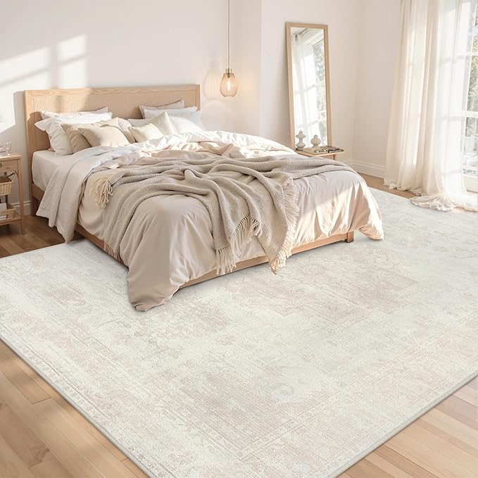 Area Rugs 9x12 Living Room: Vintage Boho Neutral Washable Rug Indoor Soft Large Area Rug Carpet for Bedroom Nursery Farmhouse Dining Room Office Floor Non-Slip Low Pile Under Table Rug Cream Beige