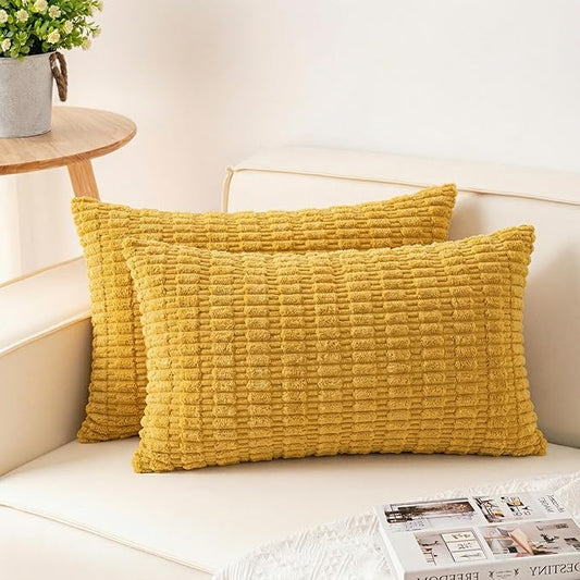 Pack of 2 Corduroy Decorative Throw Pillow Covers 12x24 Inch Soft Striped Pillow Covers Modern Farmhouse Home Decor for Sofa Living Room Couch Bed（Yellow）