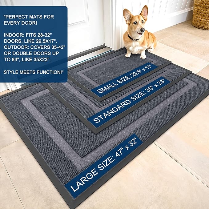 OLANLY Front Door Mat Indoor Outdoor Entrance, Waterproof All-Season, All-Weather Doormat, Sturdy Natural Rubber, Fade Resistant, Low Profile, Easy Clean Patio Porch Entryway Mat, 47x23, Light Grey