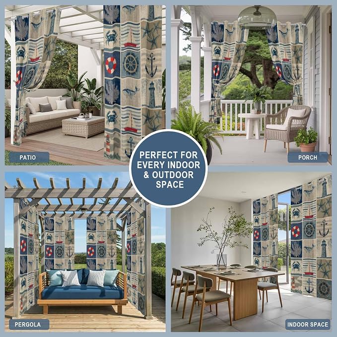 Oceans Outdoor Curtains for Patio Shell Starfish Whales Summer Vintage - Image 8