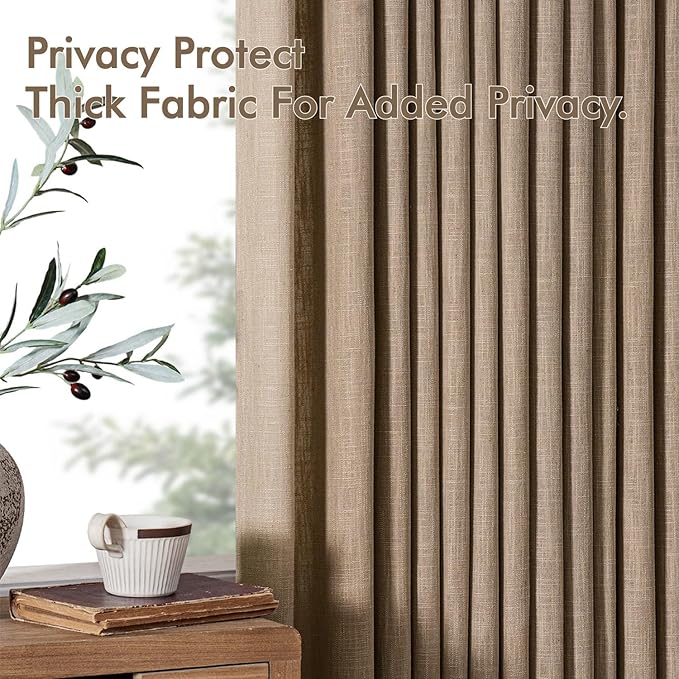 MIULEE Pinch Pleated Thick Linen Curtains 90 Inches Long 2 Panels for Living Room Bedroom, Linen Texture Memory Trained Brown Drapes Pleat Back Tab Light Filtering Country Farmhouse Burlap Curtains