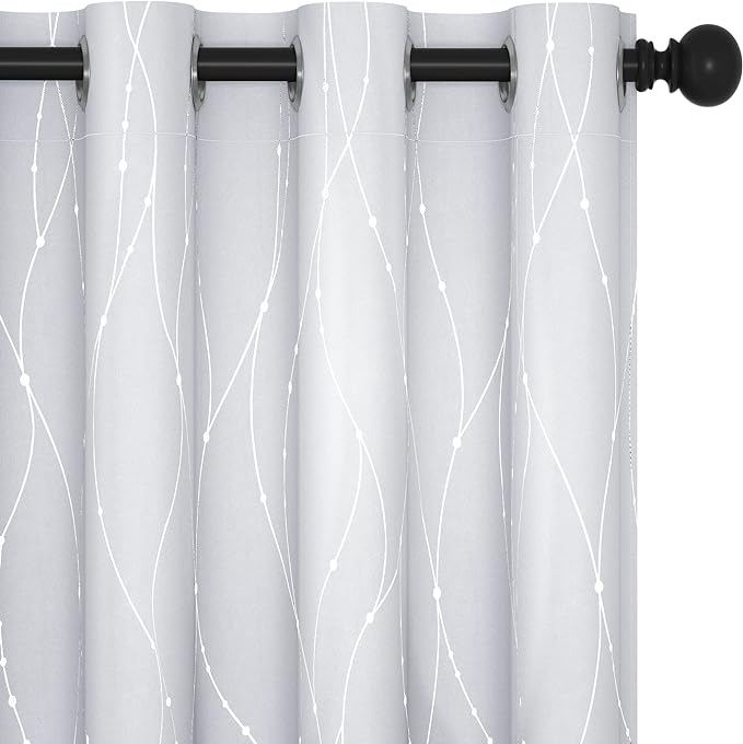 Deconovo Greyish White Curtains, Light Darkening Curtain, Thermal Insulated Noise Reducing Drapes, Silver Print, 52 x 95 Inch Long, Grommet Window Panels for Living Room Bedroom Patio Door, Set of 2