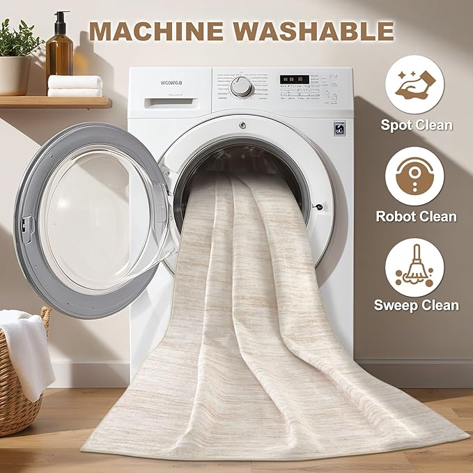 Nakagishi 9x12 Area Rugs Living Room: Washable Large Vintage Rug Neutral Non-Slip Soft Stain Resistant Indoor Carpet for Bedroom Nursery Dining Room Office Playroom - Beige-01