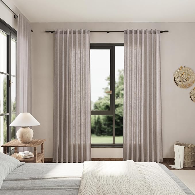 Brownish Grey Linen Curtains 84 Inches Long for Bedroom Back Tab Light Filtering Privacy Semi Sheer Curtains Modern Farmhouse Decor Cotton Textured Curtain for Living Room 2 Panels Set 52x84 Inch