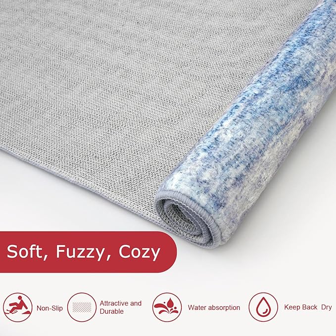 KOZYFLY Modern Abstract Kitchen Runner Rug, 2x6 Washable Rug Runner Non-Slip Soft Striped Hallway Runner Rugs, Blue/Grey/Beige Print Carpet Runner for Entryway Bathroom Laundry Room Foyer