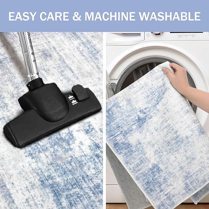 IOHOUZE Abstract Runner Rug 2x12 Ft Washable Runners for Hallways, Non Slip Kitchen Runner Printed Faux Wool Entryway Runner Indoor, Modern Abstract Floor Carpet for Hall Kitchen, Light Blue Grey