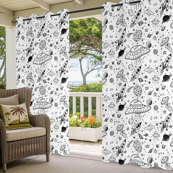 Cartoon Space Outdoor Curtains for Patio Rockets Astronauts Planets Black - Image 5