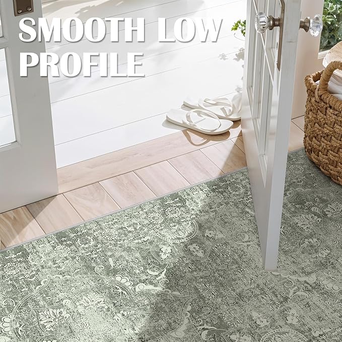 2'6"x14' Washable Hallway Runner Rug - Non Slip Kitchen Runner Rugs with Rubber Backing Vintage Low-Pile Carpet Runners for Entryway Dining Room Laundry Room Home Decor (Muted Sage Green)