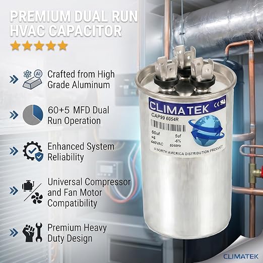 ClimaTek 60 + 5 MFD 370/440 Volt Dual Run Round Capacitor CAP99-6054R | 60/5 VAC - Image 5