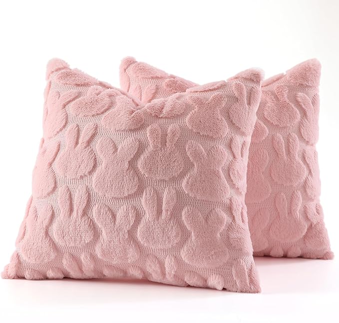 decorUhome Easter Bunny Pillow Covers 20x20 Inch Set of 2, Soft Plush Faux Wool Jacquard Pink Rabbit Cushion Covers, Farmhouse Neutral Spring Easter Holiday Decor for Couch Sofa Bed