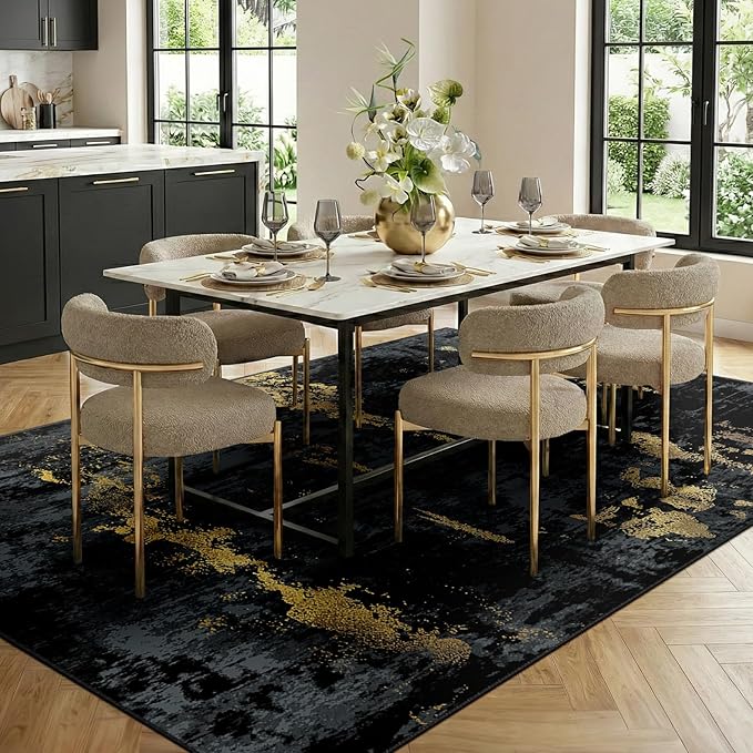 Washable Area Rugs 9'x12' Non-Slip Modern Abstract Soft for Living Room Entryway Bedroom Nursery, Print Pattern, Dark Black Gold