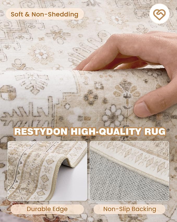 Area Rugs 5x7, Ultra-Thin Washable Rugs for Living Room, Anti-Slip Backing Area Rug for Bedroom, Soft Floral Vintage Home Decor Rug for Dining Room(Cream/Beige,5'x7')