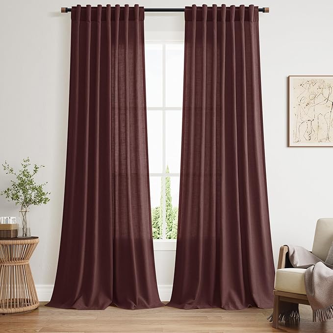 Nanspring Reddish Brown Linen Blend Light Filtering Back Tab Curtains 102 Inches Long, Semi Sheer Privacy Drapes for Living Room & Bedroom, 52x102 inch, 2 Panels