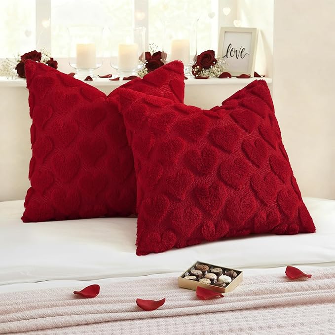 decorUhome Valentine’s Day Soft Plush Throw Pillow Covers 20x20 Inch Set of 2, Faux Fur Red Heart Decoration Neutral Square Pillow Covers for Couch Sofa Bed Cozy Farmhouse Holiday Decor