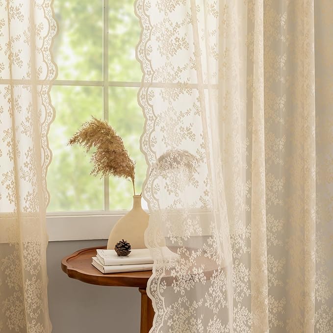 YJ YANJUN Vintage Lace Curtains 63 Inch Length Antique Chic Floral Beige Sheer Curtain Panels with Scalloped Edges for Bedroom Dining Room Rod Pocket French Country Crochet Drapes W52 X L63 2 Panels