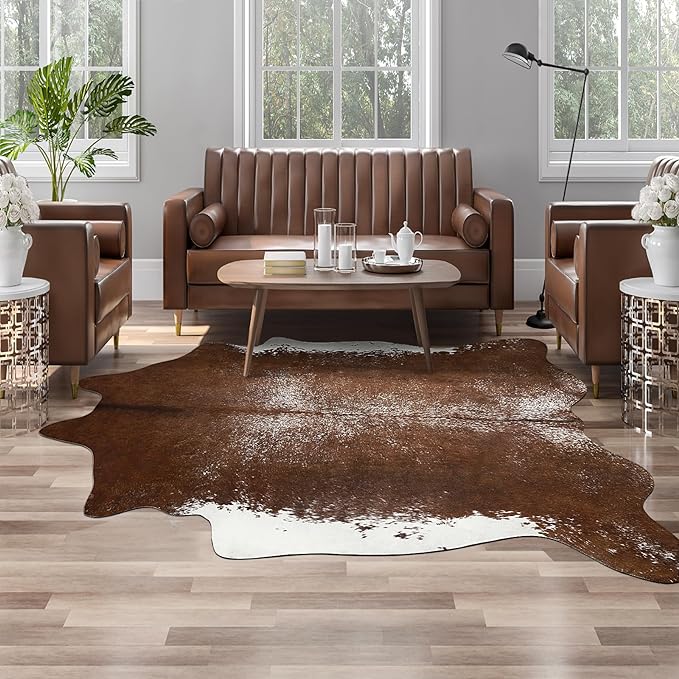 AROGAN 6×7.2 Feet Western Decor Faux Fur Cowhide Rug, Feet Premium Animal Skin Cow Hide Rug, Sturdy Cow Print Rugs for Wall Decor, Western Floor Carpet for Bedroom Living Room, Dark Brown