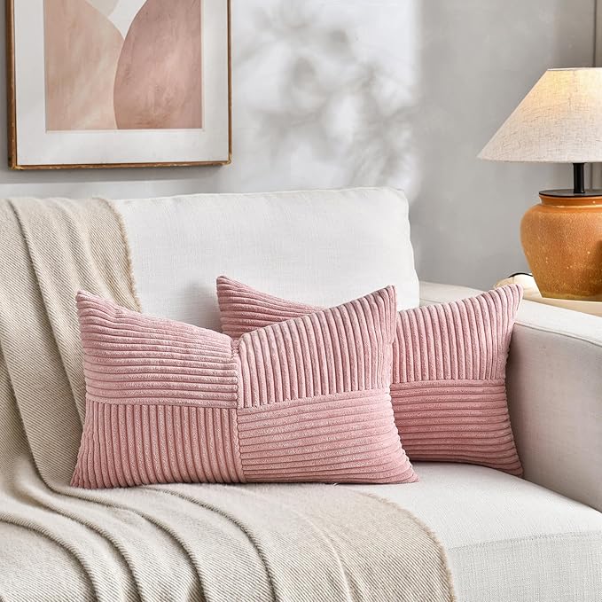 Fancy Homi 2 Packs Blush Pink Lumbar Decorative Throw Pillow Covers 14x22 Inch for Living Room Couch Bed, Rustic Farmhouse Boho Home Decor, Soft Striped Corduroy Rectangle Accent Cushion Case 35x55 cm