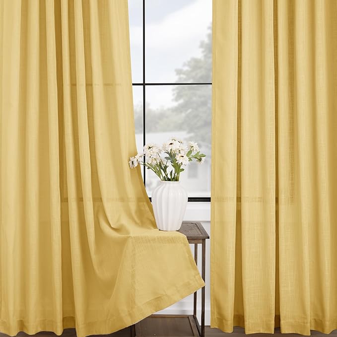 Gold Curtains for Living Room Back Tab Modern Farmhouse Semi Sheer Curtains 120 inches Long 2 Panels Set Muted Neutral Window Curtain for Dining Room Bedroom 52x120