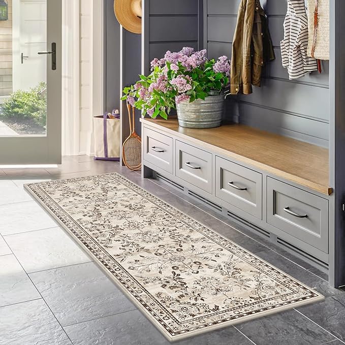 Yamaziot Washable Runner Rug 2x12 – Floral Non Slip Boho Hallway Runner Rug with Rubber Backing, Low Pile Faux Wool Distressed Carpet for Kitchen, Laundry, Bedroom, Entrance, Brown