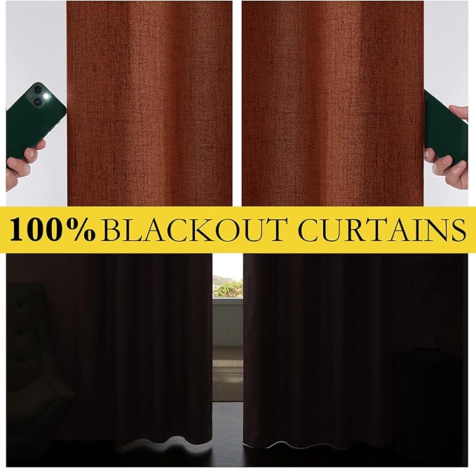NICETOWN 100% Absolutely Blackout Linen Curtains with Thermal Insulated Liner, 52" Wide, 2 Panels, 63" Long Drapes, Grommet Retro Burnt Orange Linen Curtains Vertical Drapes Privacy for Bedroom