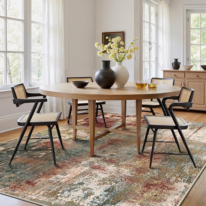 Washable Area Rugs 6'x9' Non-Slip Modern Abstract Soft for Living Room Entryway Bedroom Nursery, Print Pattern, Brown Rust Red Green Blue Multi