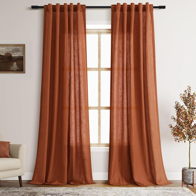 Terracotta Linen Curtains 102 Inches Long for Living Room 2 Panel Set Back Tab Rod Pocket Semi Sheer Curtains Light Filtering Burlap Extra Long Drapes Farmhouse Decor for High Window 40x102 Inch