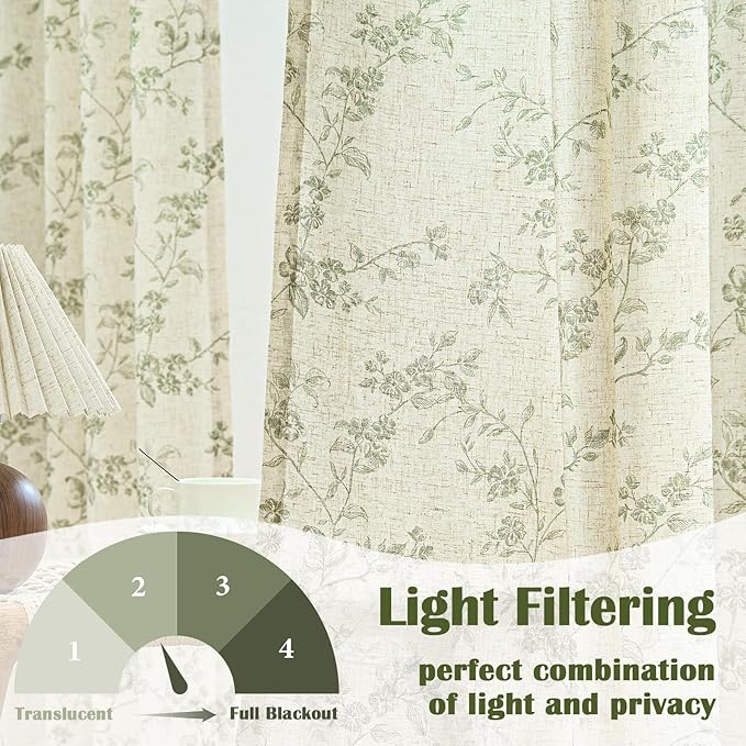 Lazzzy Farmhouse Linen Curtains Extra Long Green Floral Curtains 108 Inch Length Back Tab Drapes for Living Room Bedroom Light Filtering Country Vintage Rod Pocket, 2 Panels, Green on Beige