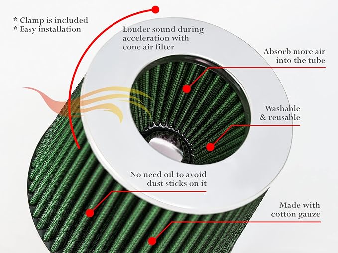 GREEN Inlet Cold Air Intake Cone Replacement Performance Washable Clamp-On Dry - Image 5