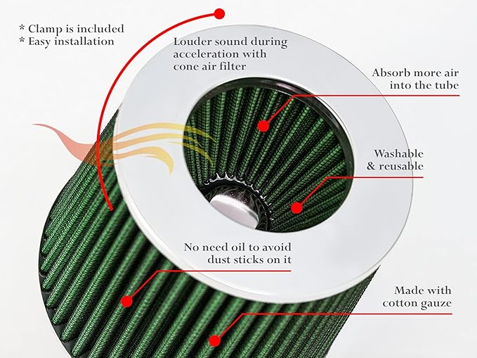 GREEN Inlet Cold Air Intake Cone Replacement Performance Washable Clamp-On Dry - Image 6