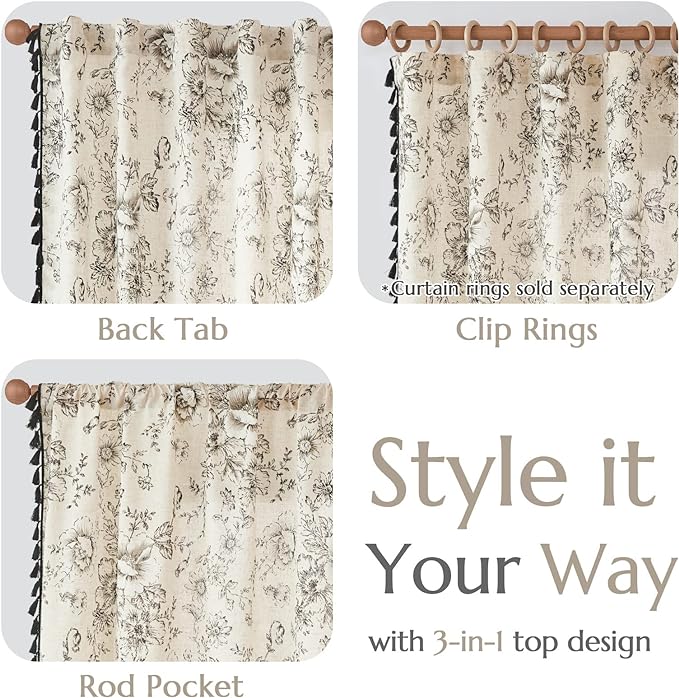jinchan Linen Blend Curtain Floral Curtains for Living Room 63 Inch Length Printed Curtains with Tassels Rod Pocket Farmhouse Rustic Peony Flower Patterned Drapes Bedroom Window Curtains Set 2 Panels