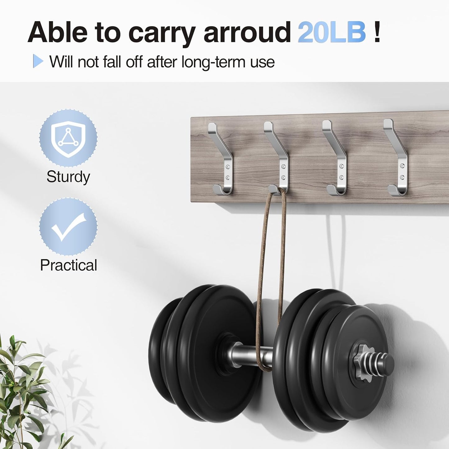 10-Pack Coat Hook for Hanging, 20LB (Max), Stainless Wall Hooks for Towel, Hat, Backpack, Key, Clothes, Wall Mounted Coat Hanger for Closet, Metal, Silver 3.75“