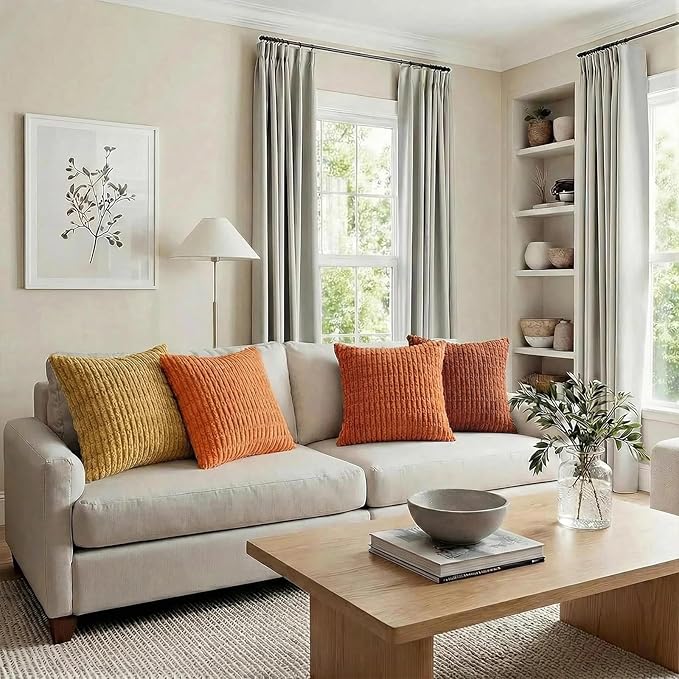 Fancy Homi Set of 4 Fall Decorative Throw Pillow Covers 12x12 Inch for Couch Bed Chair, Burnt Orange Series Farmhouse Boho Room Decor, Soft Fuzzy Corduroy Textured Striped Cushion Case 30cm