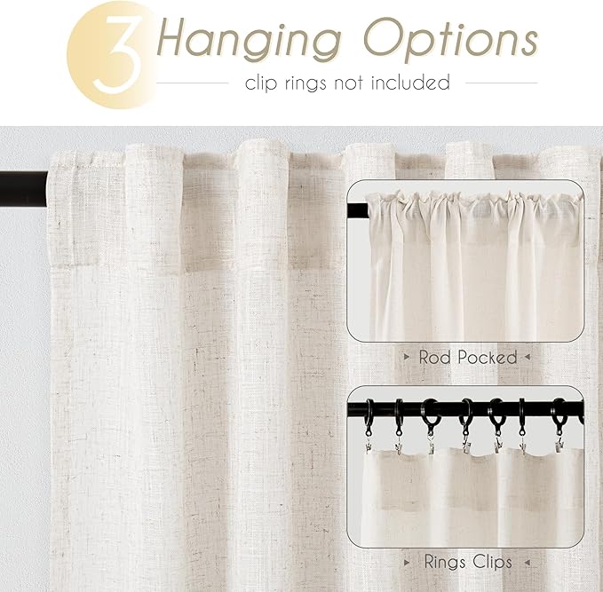 Cream Linen Curtains 72 inch Long 2 Panel Set for Living Room Back Tab Rod Pocket Semi Sheer Light Filtering Bedroom Window Curtain 72 inch Length Modern Farmhouse Neutral Ivory Linen Drapes 60x72