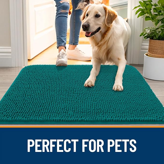 OLANLY Dog Door Mat for Muddy Paws 70x35, Absorbs Moisture and Dirt, Absorbent Non-Slip Washable Doormat, Quick Dry Chenille Mud Mat for Dogs, Entry Indoor Entryway Carpet for Inside Floor, Lake Blue