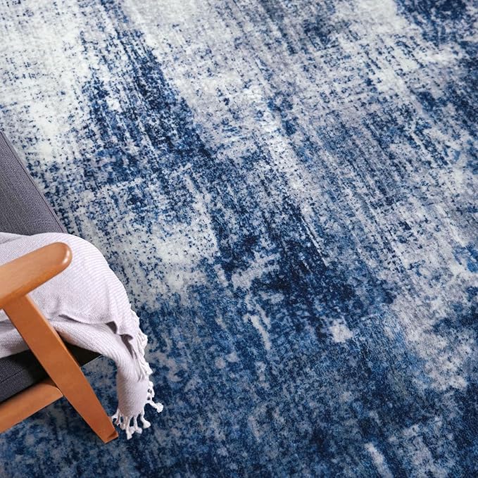 IOHOUZE Abstract Area Rugs 8x10 Ft Washable Large Rugs for Living Room, Non Slip Dining Room Rug, Printed Faux Wool Rugs for Bedroom, Floor Carpet for Office Nursery Playroom, Navy/Grey