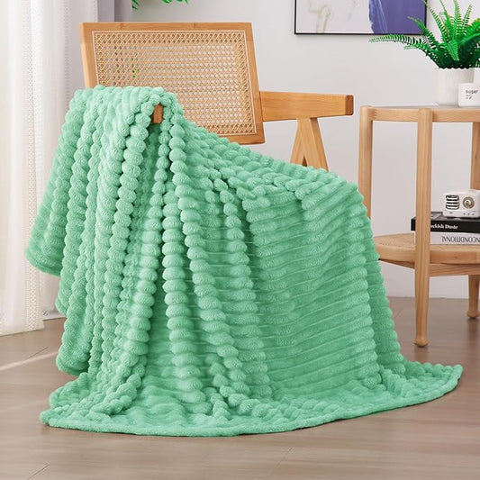 Mint Green Fleece Throw Blanket 60”×80” for Couch Sofa Bed,Super Soft Cozy Plush Microfiber Flannel Blanket with Stripes Design Lightweight for Adults,Woman,Girls