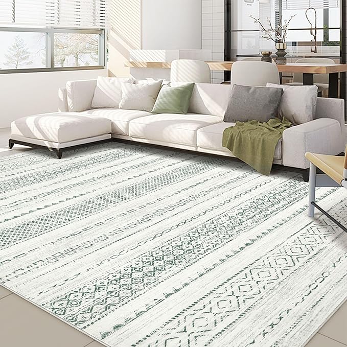 Nakagishi Green Rug Living Room 6x9: Washable Boho Large Neutral Farmhouse Soft Area Rugs Modern Stain Resistant Moroccan Indoor Non-Slip Floor Carpet for Bedroom Nursery Playroom Office Dining Room