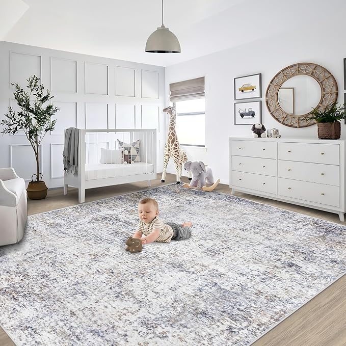 XLUEZ 9x12 Area Rug for Living Room, Washable Modern Abstract Large Area Rug Neutral Soft Non Slip Kids Rug Stain Resistant Indoor Carpet for Bedroom Dining Room Playroom Office(Bluegrey, 9'x12')
