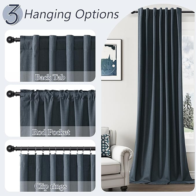 Guken Vintage Blue 100% Blackout Linen Curtains 84 Inch Length 2 Panels Set for Living Room Bedroom Back Tab/Rod Pocket Thermal Insulated Black Out Drapes Room Darkening Window Curtains