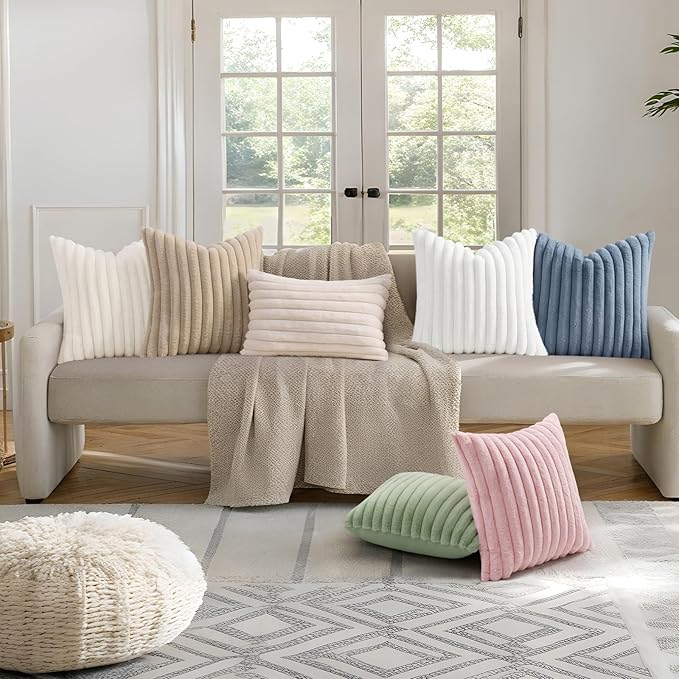 decorUhome Summer Cozy Faux Fur Throw Pillow Covers 20x20 Set of 2 Decorative Soft Plush Striped Modern Farmhouse Boho Couch Pillow Cases with Velvet Back for Sofa Bed Living Room, Pink
