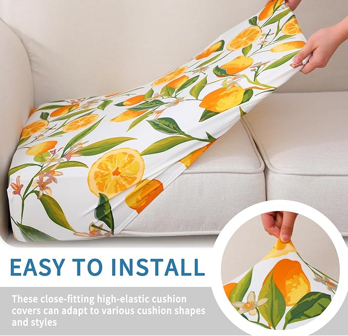 hyha Printed Couch Cushion Covers, Floral Sofa Covers Washable for 2 Cushion Couch, Stretch Pattern Outdoor Cushion Covers for Patio Furniture with Elastic Bottom(2 Packs, Lemon)