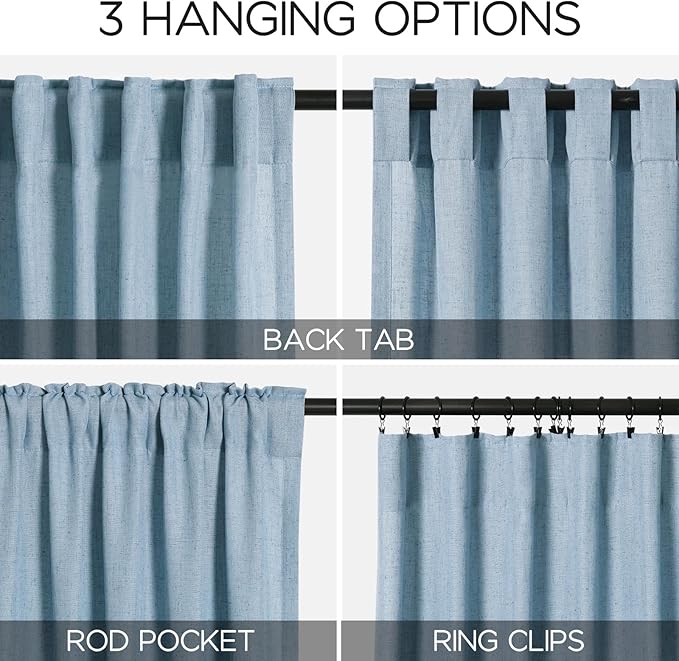 Blue Linen Curtains 96 inches Long for Bedroom Back Tab Light Filtering Privacy Sheer Curtains Modern Farmhouse Coastal Decor Dusty Blue Cotton Textured Gauze Curtain 2 Panel Set 52x96