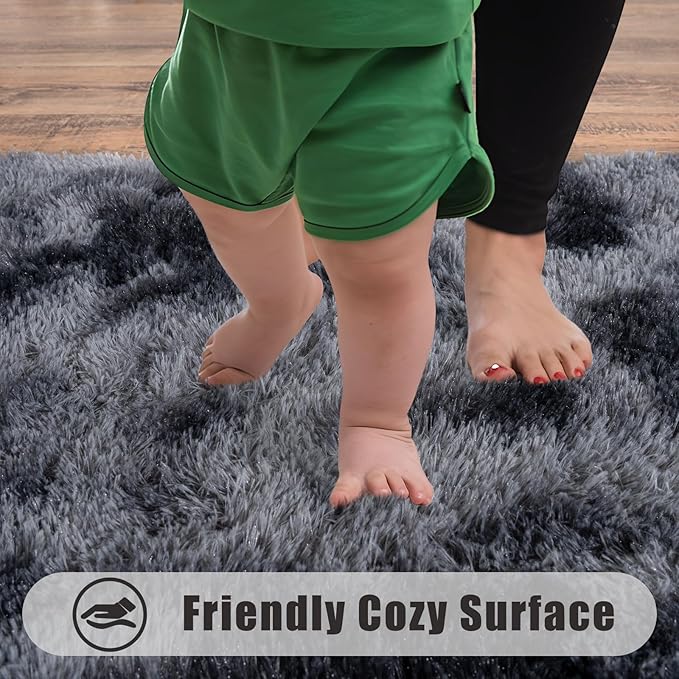 Ultra Soft Runner Rugs for Bedroom Hallways with Upgraded Non-Slip Rubber Backing & Thick Memory Sponge, 2 Packs 2x6 Feet Fluffy Shag Throw Area Rug for Bedside Dorm Tie-dye Dark Grey