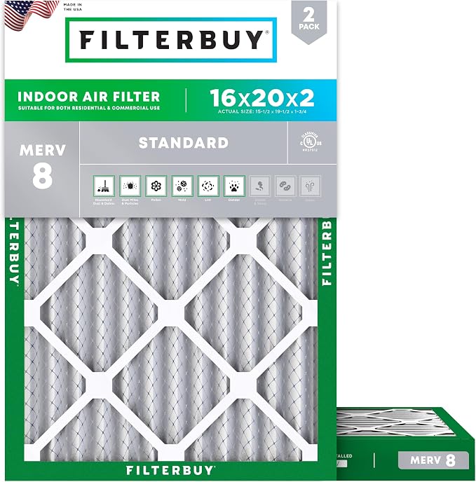 Filterbuy 16x20x2 Air Filter MERV 8 Essential Dust & Allergy Defense, by Filterbuy