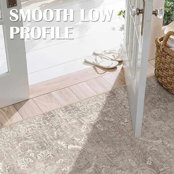Washable 3x12 Runner Rug - Non-Slip Vintage Runner Rug for Entryway Low-Pile Medallion Long Rugs for Hallway Waterproof Traditional Runner Rugs Indoor Thin Rug for Kitchen (Beige)