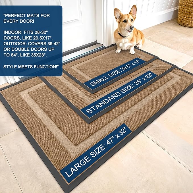 OLANLY Front Door Mat Indoor Outdoor Entrance, Waterproof All-Season, All-Weather Doormat, Sturdy Natural Rubber, Fade Resistant, Low Profile, Easy Clean Patio Porch Entryway Mat, 35x23, Light Borwn